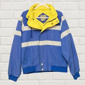 Vintage St. John’s Bay Neon Blue Windbreaker Raincoat with Hidden Hood Men’s M